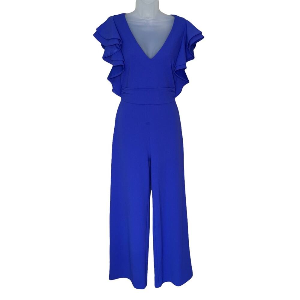 BADGLEY MISCHKA Blue Ruffle V-neck Jumpsuit Women’s